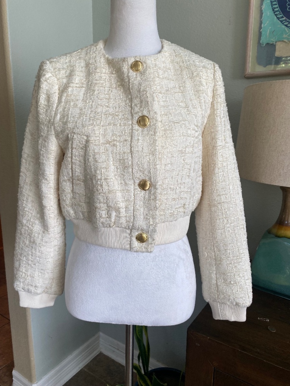 ZARA Textured Cropped Bomber Jacket Cream Tweed Gold Button Medium Like New